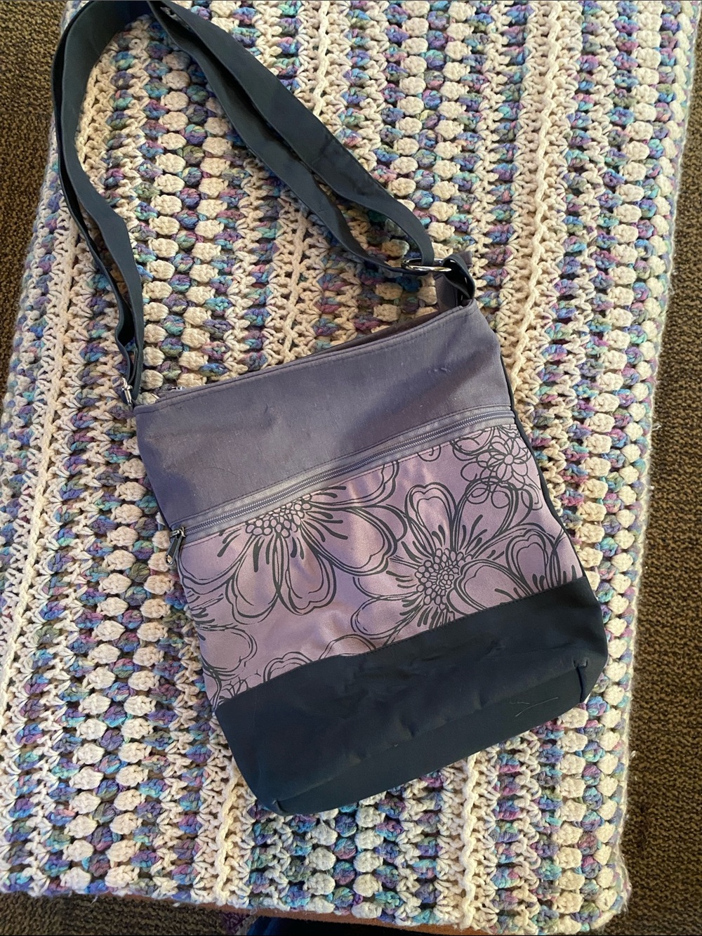 Purple Floral Crossbody Bag with Black Trim